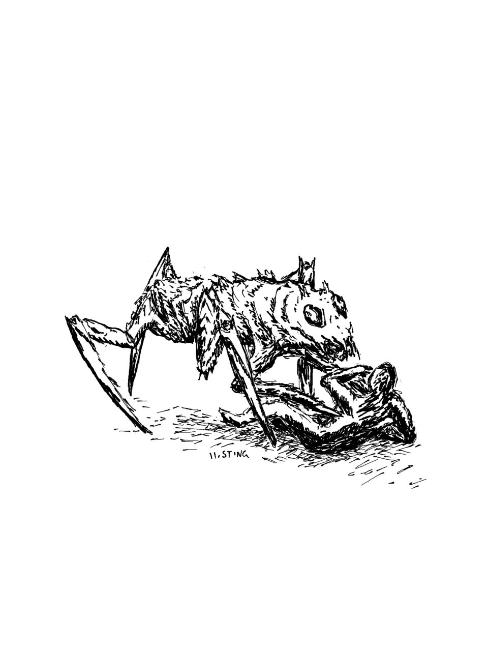 Some large arthropoidal monster/cutie pins a helpless person to the ground, impaling them with its front limbs.